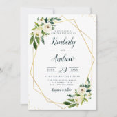 Invitation moderne blanc floral vert & or mariage géométrique (Devant)