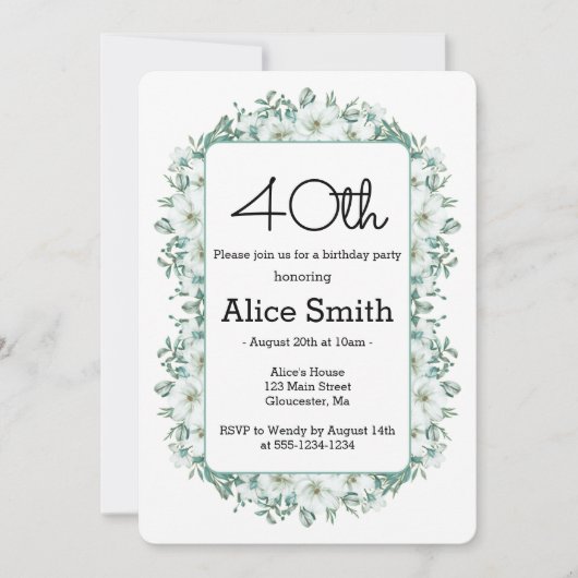 Invitation Moderne Blanc Magnolia Verdure 40e anniversaire (Devant)
