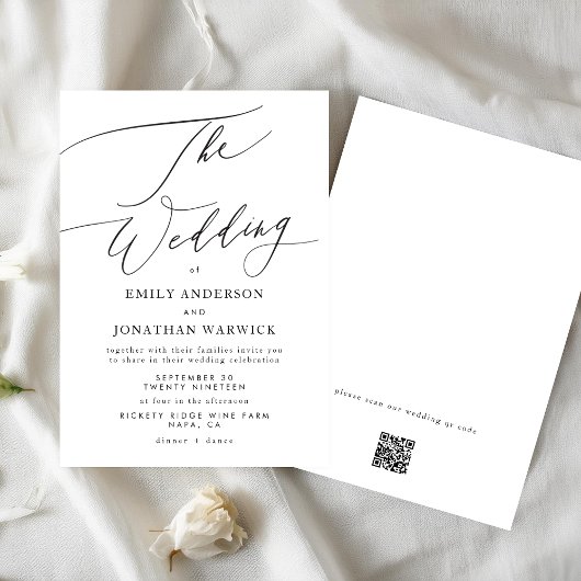 Invitation Moderne Blanc Noir Simple CODE QR Site Mariage