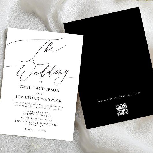 Invitation Moderne Blanc Noir Simple CODE QR Site Mariage