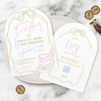 Invitation Moderne blanche de mariage pastel à l'arc dessinée
