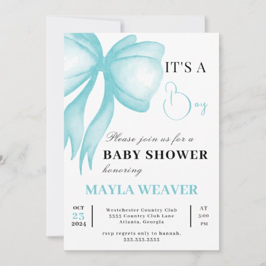 Invitation Moderne Bleu Bow Editable Élégant bébé garçon Douc (Devant)