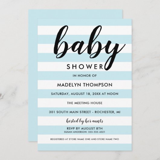 Invitation Moderne Bleu clair rayures bébé garçon douche (Devant / Derrière)