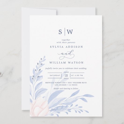 Invitation Moderne Bleu Eucalyptus Vert Mariage Succulent (Devant)