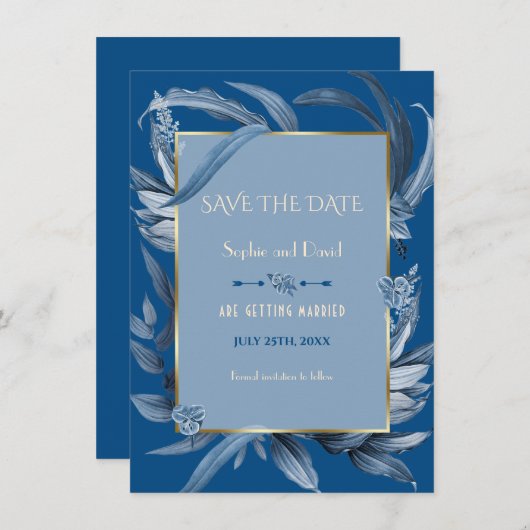 Invitation Moderne Bleu Feuille Or Enregistrer La Date (Devant / Derrière)