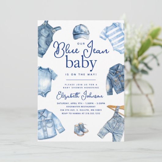 Invitation Moderne Bleu Jean Bébé Denim Baby shower à thème (Debout devant)