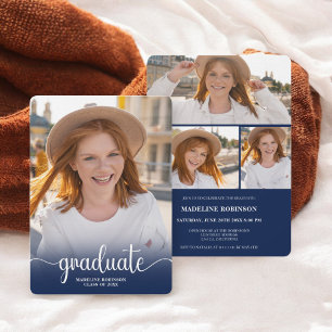 Invitation Moderne Bleu minimum script 4-Photo Graduation