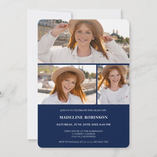 Invitation Moderne Bleu minimum script 4-Photo Graduation (Dos)