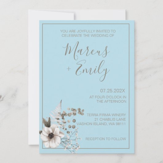 Invitation Moderne bleu pâle et Mariage gris Eucalyptus (Devant)