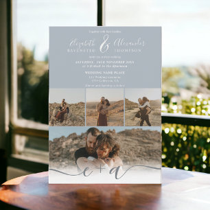 Invitation Moderne bleu poussiéreux chic 5 Photos script mari