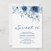Invitation Moderne Bleu Rose Floral Verdure 16h Anniversaire (Devant)