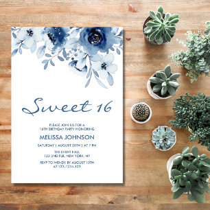 Invitation Moderne Bleu Rose Floral Verdure 16h Anniversaire