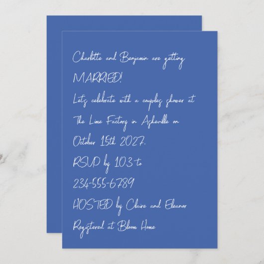 Invitation Moderne Bleu Unique Lettering Couples Douche tenda (Devant / Derrière)
