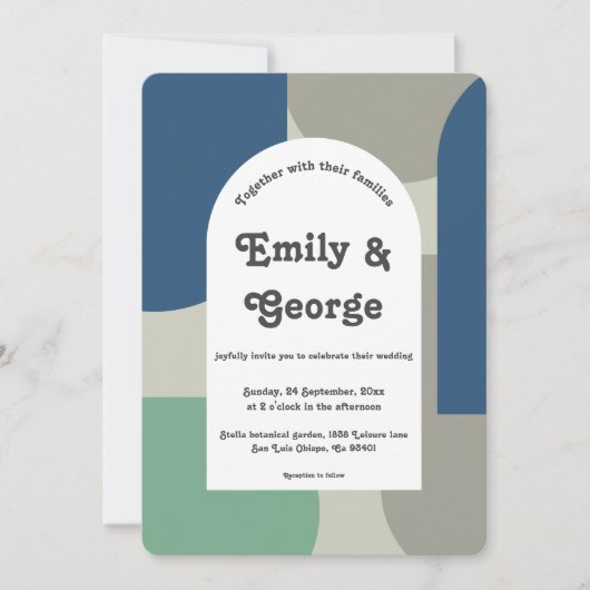 Invitation Moderne Bleu Vert Gris Rétro Mariage d'art Abstrai (Devant)