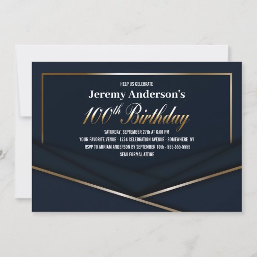 Invitation Moderne Blue 100e fête d'anniversaire (Devant)