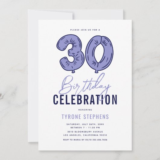 Invitation Moderne Blue 30e fête d'anniversaire (Devant)