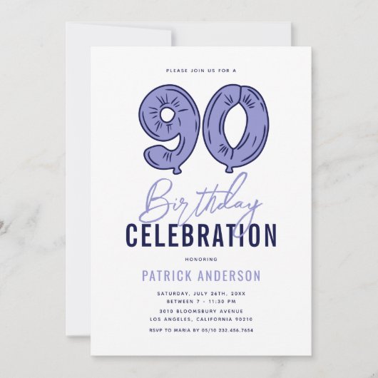 Invitation Moderne Blue 90e fête d'anniversaire (Devant)