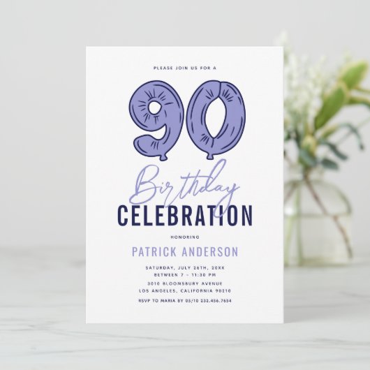 Invitation Moderne Blue 90e fête d'anniversaire (Debout devant)