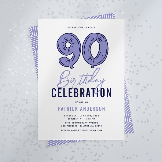 Invitation Moderne Blue 90e fête d'anniversaire