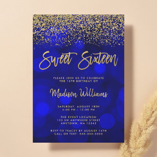 Invitation Moderne Blue Bokeh Pailleté Or Sweet 16