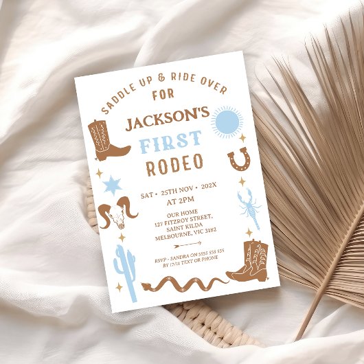 Invitation Moderne Blue Brown Cowboy Premier Rodéo 1er Annive