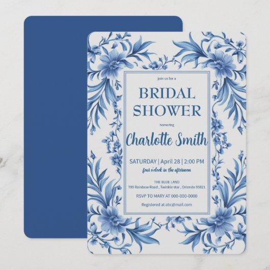 Invitation Moderne Blue Chinoiserie Floral nuptiale (Devant / Derrière)