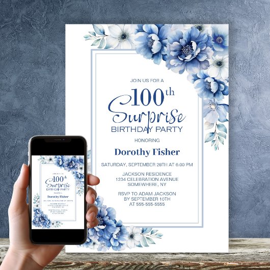 Invitation Moderne Blue Floral Surprise 100e fête d'anniversa