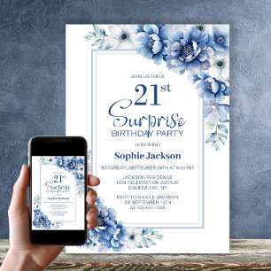 Invitation Moderne Blue Floral Surprise 21ème anniversaire fê