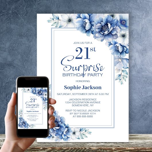 Invitation Moderne Blue Floral Surprise 21ème anniversaire fê