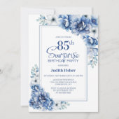 Invitation Moderne Blue Floral Surprise 85e fête d'anniversai (Devant)