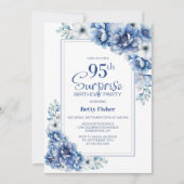 Invitation Moderne Blue Floral Surprise 95ème anniversaire fê (Devant)