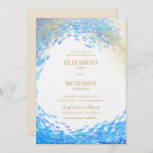 Invitation Moderne Blue Gold Splash Surfer Wave Beach Mariage (Devant / Derrière)