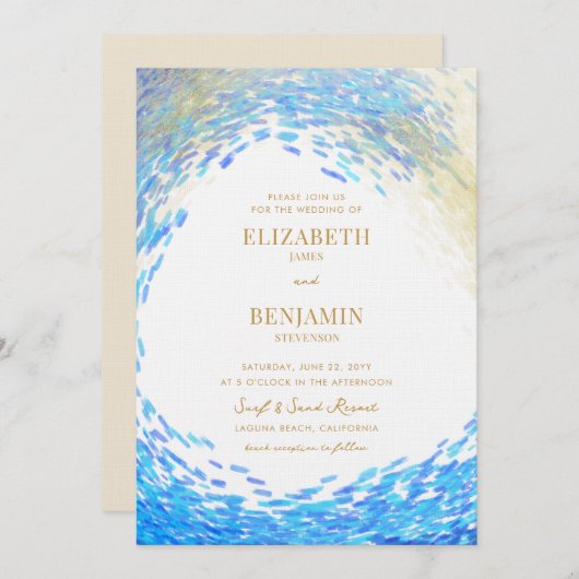 Invitation Moderne Blue Gold Splash Surfer Wave Beach Mariage (Devant / Derrière)