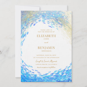 Invitation Moderne Blue Gold Splash Surfer Wave Beach Mariage