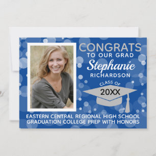 Invitation Moderne Blue Grey Bokeh Bubbles Photo Graduation