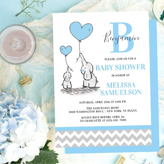 Invitation Moderne Blue Grey Chevron Elephant BABY SHOWER gar