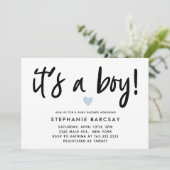 Invitation Moderne Blue Heart C'Est Un Baby shower Garçon (Debout devant)