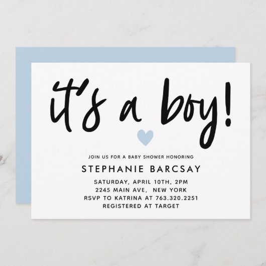 Invitation Moderne Blue Heart C'Est Un Baby shower Garçon (Devant / Derrière)