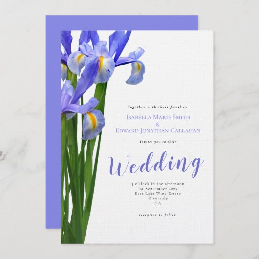 Invitation Moderne Blue Irises Floral Bouquet Mariage (Devant / Derrière)