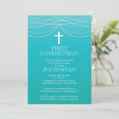 Invitation Moderne Blue Ombre Garland Cross Boy Communion (Debout devant)