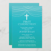 Invitation Moderne Blue Ombre Garland Cross Boy Communion (Devant / Derrière)