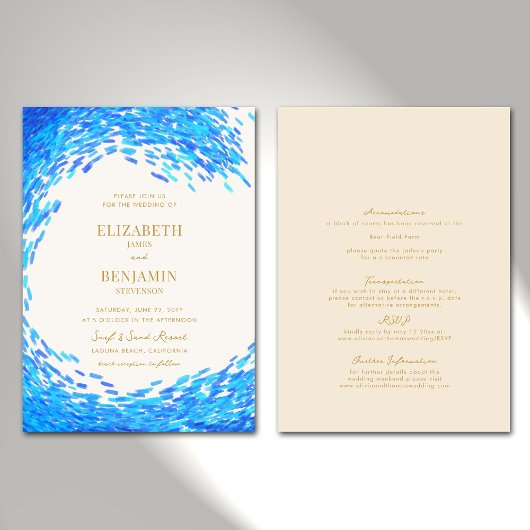 Invitation Moderne Blue Wave Gold Surfer tout en un Mariage