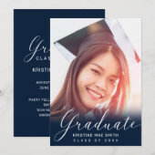 Invitation Moderne Blue White Calligraphie Photo Graduation (Devant / Derrière)