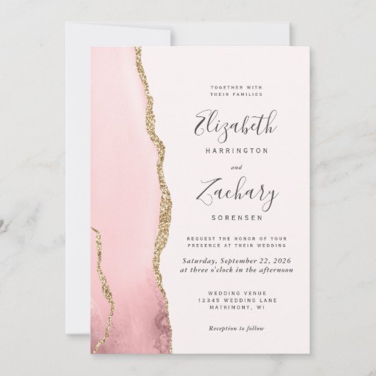 Invitation Moderne Blush Pink Gold Agate QR Code Mariage (Devant)