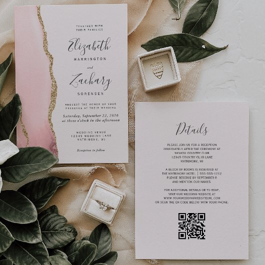 Invitation Moderne Blush Pink Gold Agate QR Code Mariage