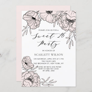 Invitation Moderne Blush Rose Flower Sweet 16 Party Invitatio