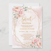 Invitation Moderne Blush Rose Sage Or Floral Sweet 16 Invitat (Devant)