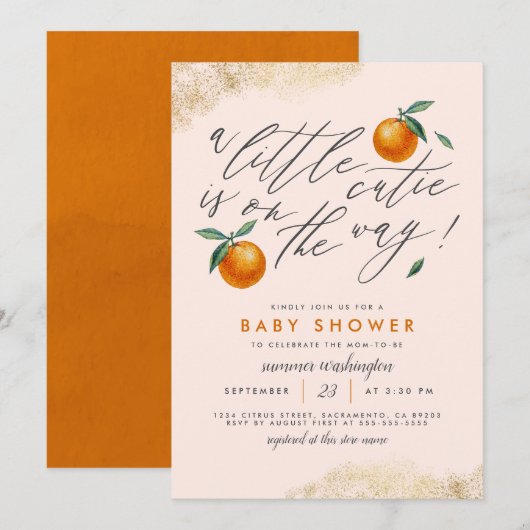 Invitation Moderne Blush Un Petit Baby shower Orange Cutie (Devant / Derrière)