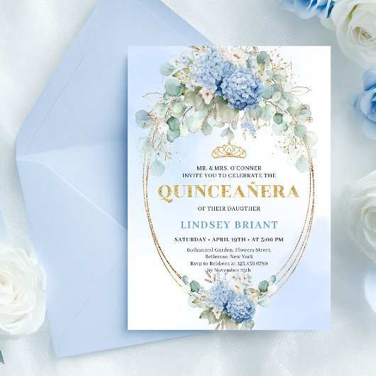 Invitation moderne boho bleu floral or pour les 15