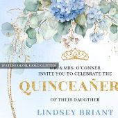 Invitation moderne boho bleu floral or pour les 15